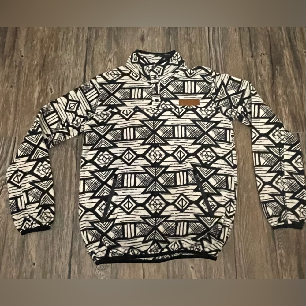 KAVU Cavanaugh Fleece Pullover Aztec Print Black White Women’s XS